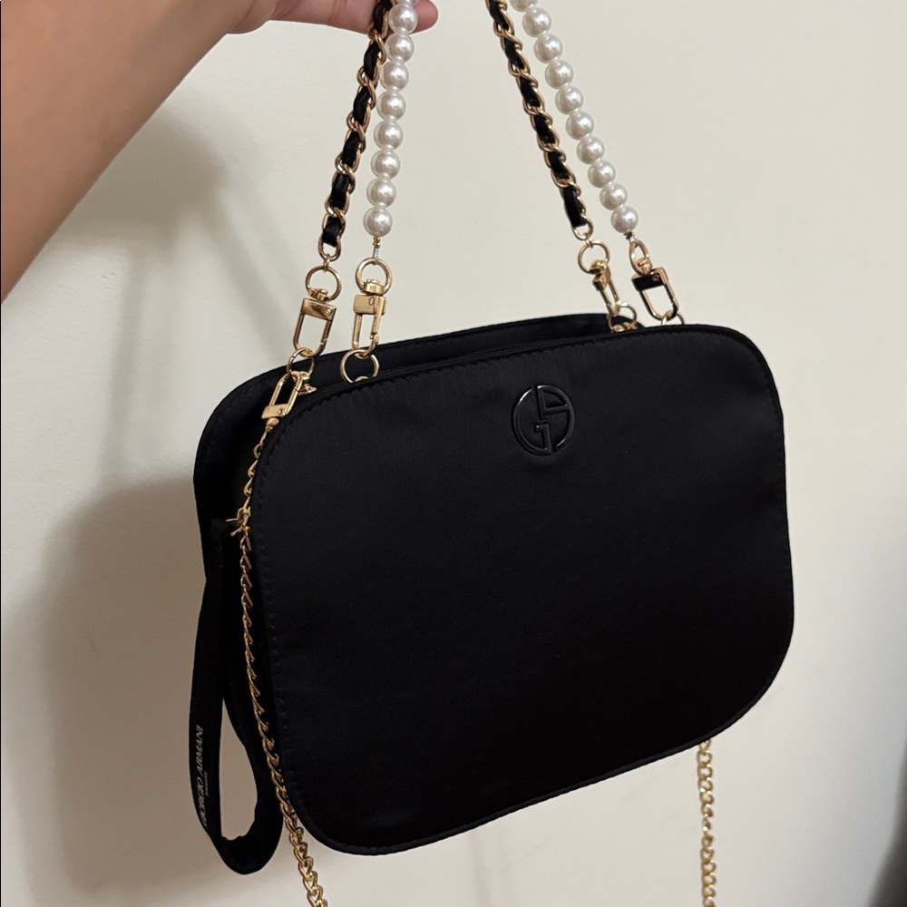 GIORGIO ARMANI Giorgio Black silk Bag Gold Chain clutch wristlet logo